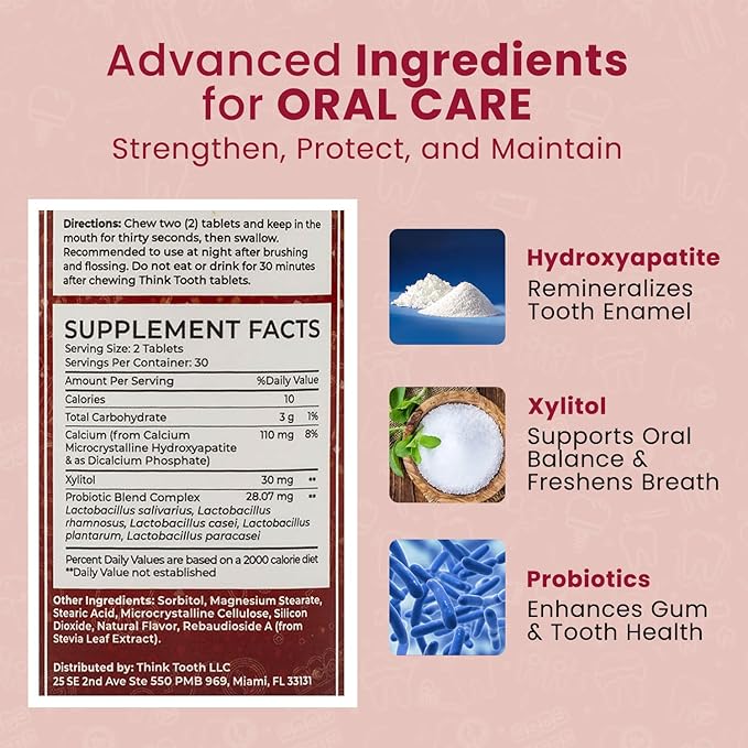 Think Tooth Chewable Tablets Supports Oral & Gut Health - Dental Probiotic Supplement for Fresh Breath & Healthy Gums - Advanced Oral Health Probiotics for Nightly Oral Care Routine - 60 Tablets