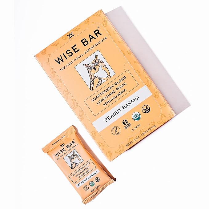 Wise Bar Adaptogen Mushroom Nutrition Bars with Reishi, Lions Mane & Ashwagandha, Organic Vegan & Gluten Free Snacks for Natural Focus, Energy & Immunity Support, Peanut Butter Banana, 12 Count