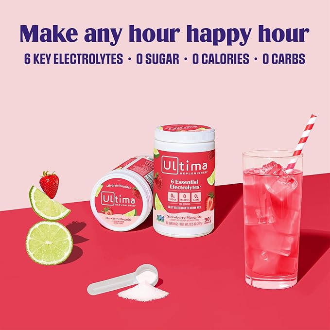 Ultima Replenisher Daily Electrolyte Powder Drink Mix – Strawberry Margarita, 90 Servings – Hydration Powder with 6 Key Electrolytes and Trace Minerals – Keto Friendly, Non-GMO and Sugar-Free