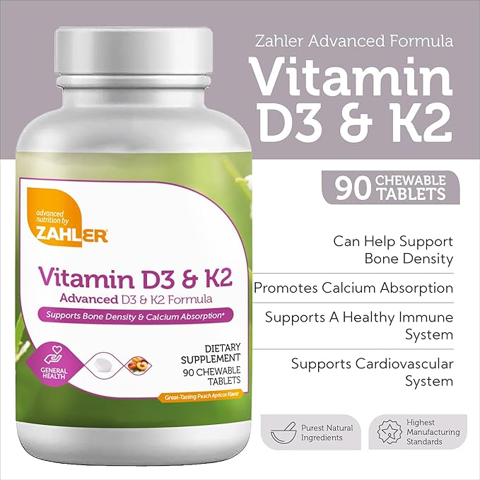 Zahler - Vitamin D3 & K2 Chewable Supplement (90 Count) - Certified Kosher K2 D3 Vitamin 5000 IU Delicious Chew Tablet - Vitamin D & K2 for Calcium Absorption, Bone Density & Immune Support