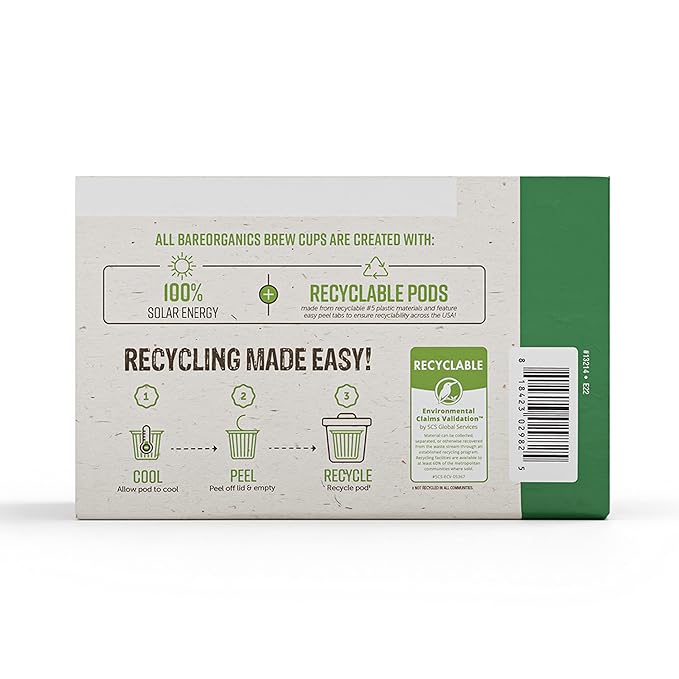 BareOrganics Energy Medium Roast Coffee, Organic, 10 K-Cup Pods, Superfoods & Probiotics Infused, Vegan, Gluten Free, 10 Single Serve Cups