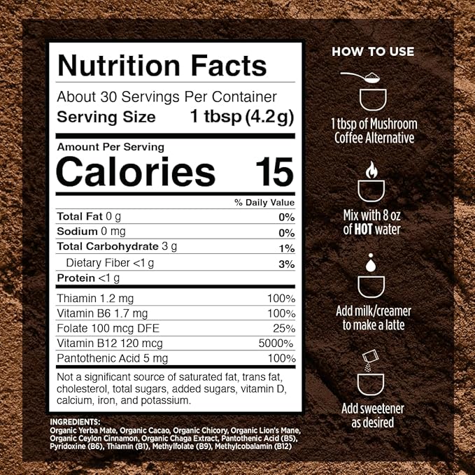VitaCup Mushroom Coffee Alternative Instant Drink Mix | Mushroom Based Coffee Substitute for Natural Energy & Focus | Lion’s Mane, Yerba Mate, & Chaga | Cacao, Cinnamon, & B Vitamins | 30 Servings