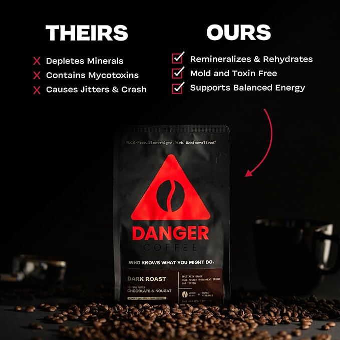 Danger Coffee by Dave Asprey, Remineralized, Mold Free & Lab Tested Whole Bean Coffee, Dark Roast, 10.9 Ounce