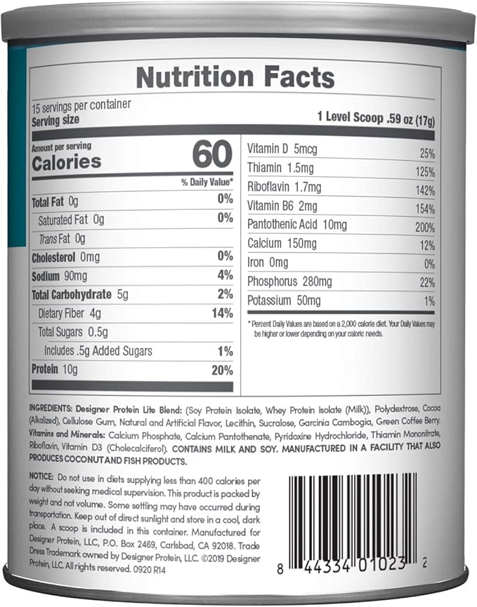 Designer Wellness, Designer Lite, Low Calorie Natural Protein, Prebiotic Fiber, Key Vitamins & Minerals,Chocolate Cookies & Cream, 9.03 Ounces
