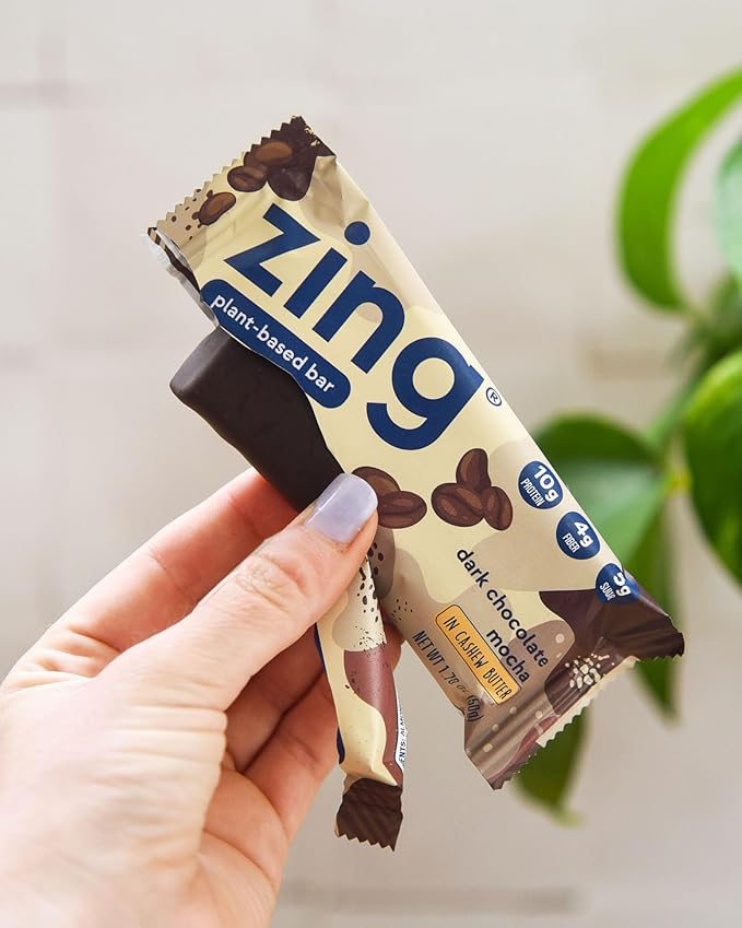 Zing Dark Chocolate Mocha Vegan Protein Bars, Gluten Free with High Protein, High Fiber, Dairy Free Nutrition Bars, Plant Based Protein, Kosher, Low Sugar, No Sugar Alcohols - 12 count