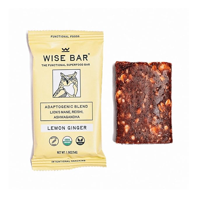 Wise Bar Adaptogen Mushroom Nutrition Bars with Reishi, Lions Mane & Ashwagandha, Organic Vegan & Gluten Free Snacks for Natural Focus, Energy & Immunity Support, Lemon Ginger Flavor, 12 Count
