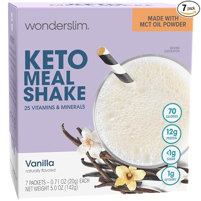 WonderSlim Keto Meal Replacement Shake, Vanilla, Low Carb, C8 MCTs, 12g Protein, Collagen, 25 Vitamins & Minerals, Gluten Free (7ct)