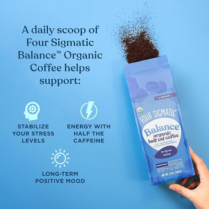 Four Sigmatic Organic Balance Adaptogen Ground Coffee | Medium Roast USDA Organic Coffee with Ashwagandha, Chaga Mushroom, Eleuthero and Tulsi for Focus and Energy Boosting | 12oz Bag