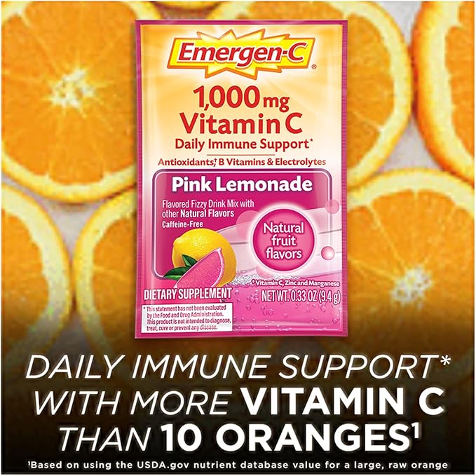 Emergen-C 1000mg Vitamin C Powder, with Antioxidants, B Vitamins and Electrolytes, Immunity Supplements for Immune Support, Caffeine Free Fizzy Drink Mix, Pink Lemonade Flavor - 30 Count