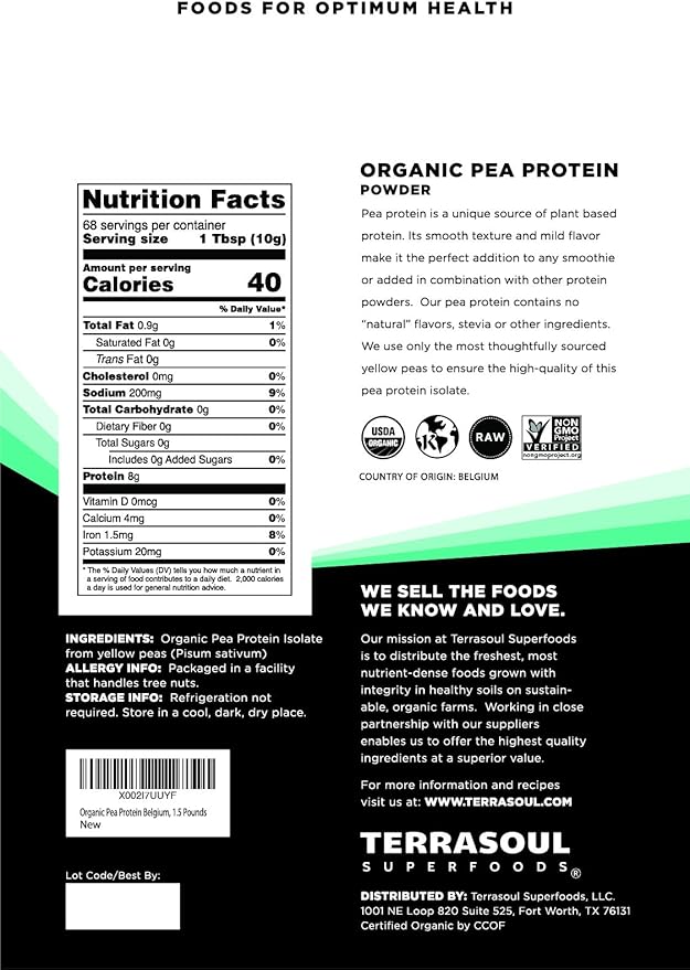 Terrasoul Superfoods Organic Pea Protein, 1.5 Lbs