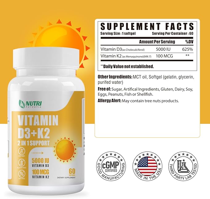Vitamin D3 K2 with MCT Oil, Vitamin D3 5000 IU and K2 100mcg, Formula 2 in 1 for Bone and Heart Health, Gluten Free - 60 Count Softgels