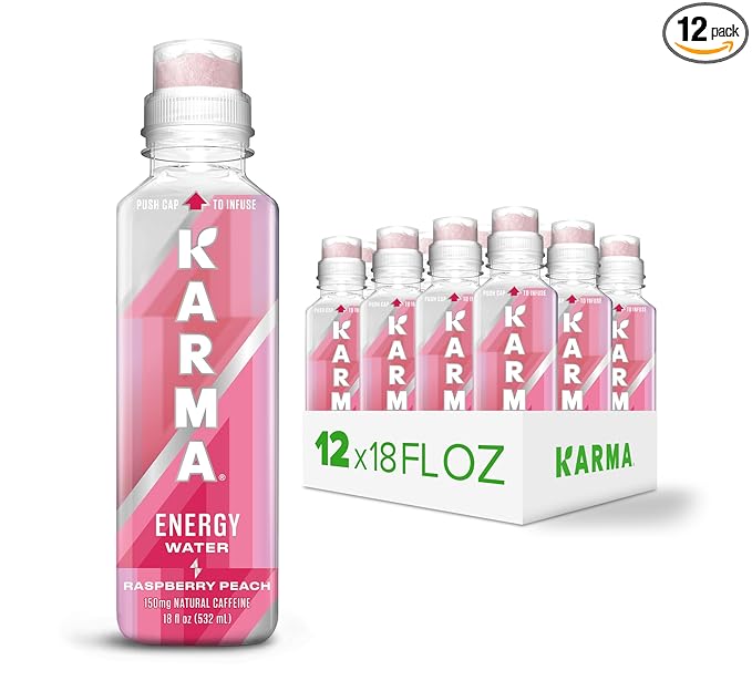 Karma Natural Energy Drink - 12 Pack, Raspberry Peach Caffeinated Water - Clean Focus & Energy Boost