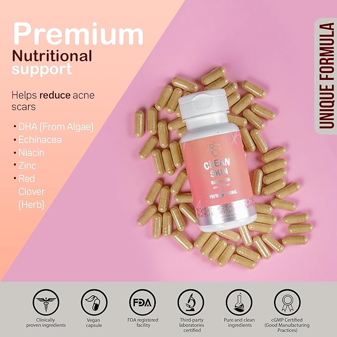 YOU'RE NATURAL Clean Skin Supplement | Acne Support | Skin Support Vitamins for Women, Men & Teens, Vitamin A, Zinc, DHA, Vitamin B3, Vitamin C, Vitamin E - Gluten Free - Made in USA - 60 Capsules
