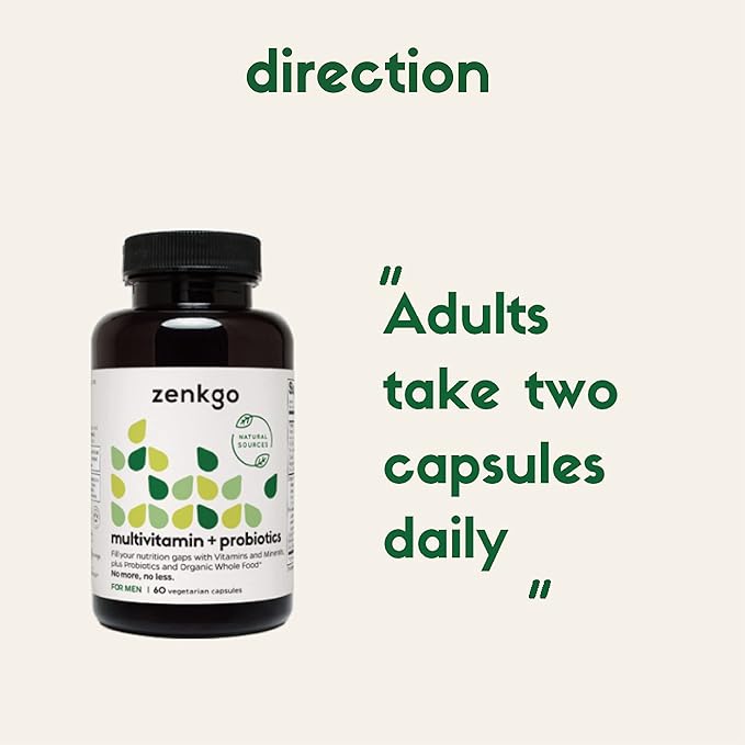 Zenkgo Men’s Daily Multivitamin + Probiotics 25 Billion D3, K2 K2 (MK-7), (MK-7), Superfoods (60Ct/30Day)