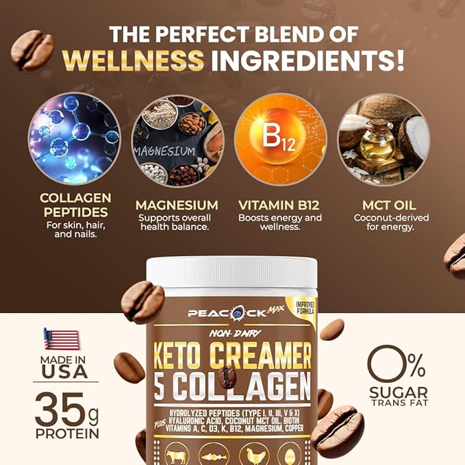 Peacock Max Collagen Keto Creamer Powder, Coconut MCT, Peptides, Unflavored, Hydrolyzed, B12, Magnesium (48.88 oz (Pack of 4))