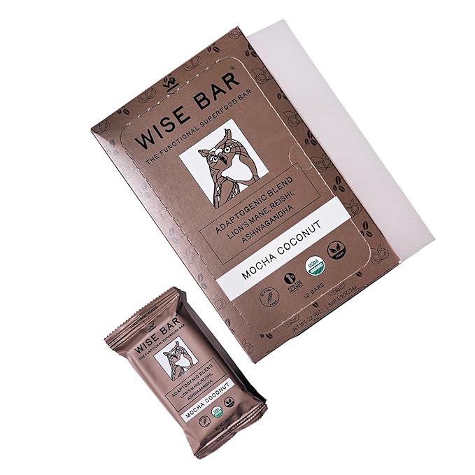 Wise Bar Adaptogen Mushroom Nutrition Bars with Reishi, Lions Mane & Ashwagandha, Organic Vegan & Gluten Free Snacks for Natural Focus, Energy & Immunity Support, Mocha Coconut Flavor, 12 Count