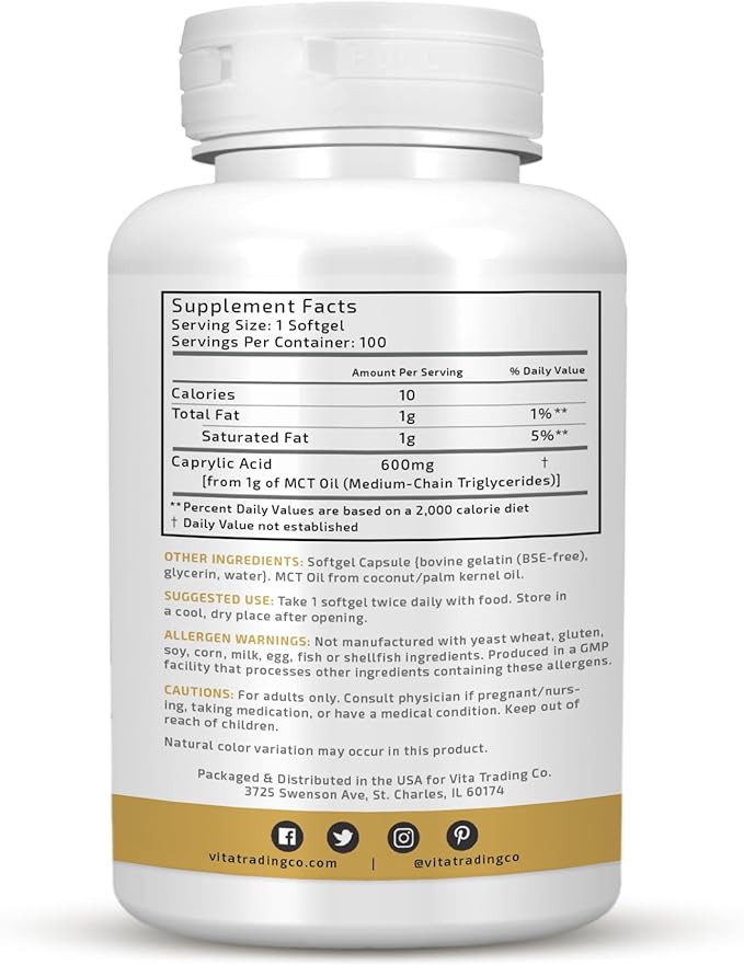 VTC VitaTradingCo. C8 MCT Oil Capsules | Naturally Derived Caprylic C8 Supplement | Coconut Oil Pills | Sustained Energy | Keto Friendly, Non GMO | 100 Softgels