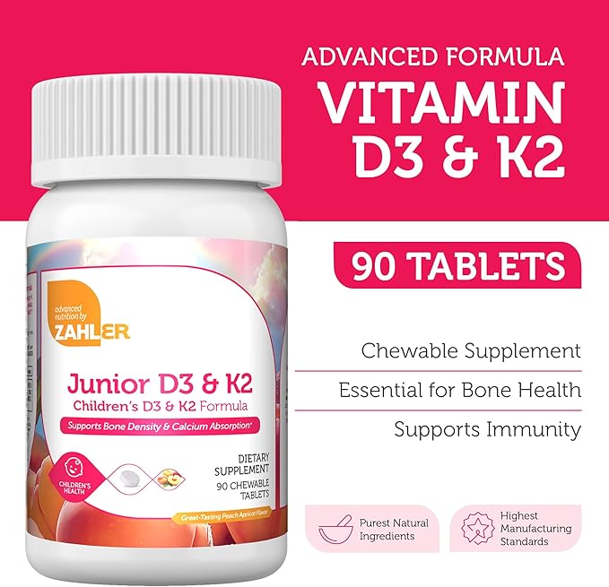 Zahler - Junior Vitamin D3 + K2 Chewable Tablets for Kids| Vitamin D for Kids 2000 IU | Delicious Vitamin D K2 Chews to Support Healthy Bones & Teeth - Kosher, Less Sugar Than Gummies (90 Count)