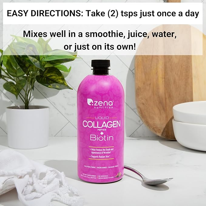 Zena Nutrition Liquid Collagen Peptide + Biotin 2500mg Verisol 5000mcg Biotin 60 Servings, 20.3 FL