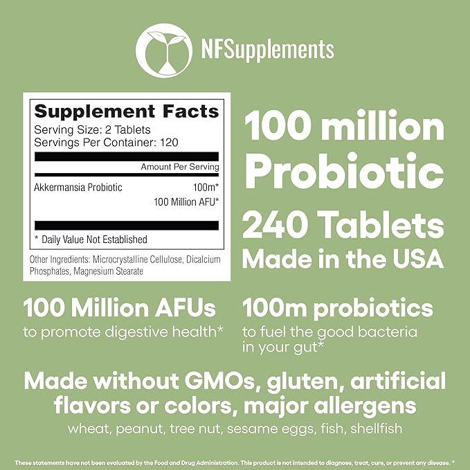 Akkermansia Muciniphila Probiotic Supplement 240 Tablets 100 Million AFU Probiotics for Men & Women Supports Intestinal Digestive & Gut Health Made in The USA (240, Akkermansia Muciniphila)