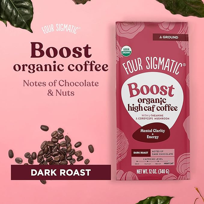 Four Sigmatic Boost Organic High Caffeine Coffee | Dark Roast Extra Strong Ground Coffee with L-Theanine & Cordyceps Mushroom Extract | Energy Booster Without the Jitters | 12oz Bag