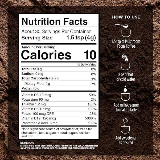 VitaCup Focus Mushroom Instant Coffee | For Memory & Clarity Support | with Fiber, Chaga, Lion’s Mane | D3 & B Vitamins | Medium Roast 100% Arabica & Robusta Instant Coffee | 3 Bags, 90 Servings