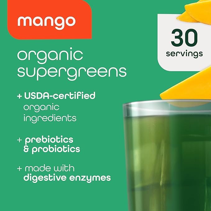 Zena Organic Super Greens Powder, 70+ Superfoods Drink Mix, 0 Sugar, 3G Fiber, Fruits, Veggies, Spirulina, Chlorella, Antioxidants, Pre & Probiotics, Digestive Enzymes, Mango Flavor, 30 Servings