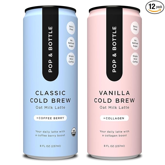 Pop & Bottle Classic & Vanilla Oat Milk Lattes - Cold Brew, Marine Collagen & Antioxidants, MCT Oil, Organic, Dairy Free, Gluten Free, Lightly Sweetened with Dates - 8 Fl Oz (Pack of 12), 6 Each