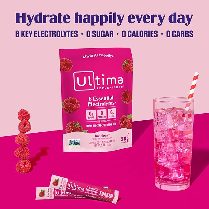 Ultima Replenisher Daily Electrolyte Powder Drink Mix – Raspberry, 20 Stickpacks – Hydration Packets with 6 Key Electrolytes and Trace Minerals – Keto Friendly, Vegan, Non-GMO and Sugar-Free