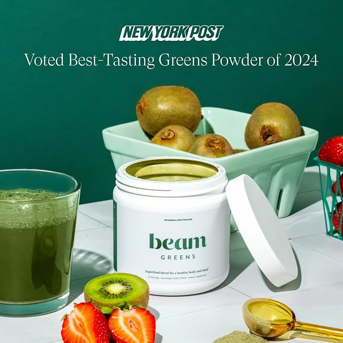 Beam Greens Powder, Greens Superfood Powder, Greens Supplement for Gut Health, Vegan, Non GMO Organic Greens Blend, Daily Greens with Ashwagandha, Vitamin C, B12, B6, D, Strawberry Kiwi, 30 Servings