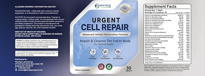 Urgent Cell Repair - All Natural Cellular Regeneration, Anti Aging Benefits, Support Skin, Kidney, Hair, Gut, Bones, Brain, Joints, Lungs and Liver (30 Tablets)
