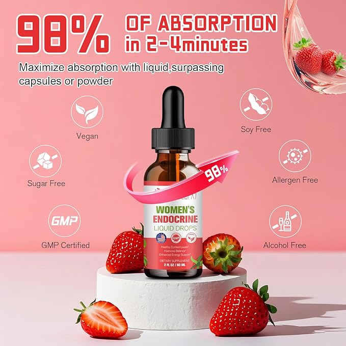Women Endocrine Superfood Supplement Liquid Drops, Supports Healthy Cortisol Levels, Hormonal Balance, Gut Health, Mood, Sleep Support, Multivitamin+Inositols, Rhodiola, DIM