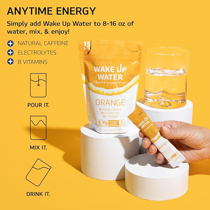 Wake Up Water - Energy + Hydration Sugar Free 15 Packs, Orange Flavor - Energy Drink Powder, Electrolytes Powder Drink, Natural Caffeine Mix Packet, B Vitamins, 5 Calories, Gluten Free - 1.60 oz (45.45g)