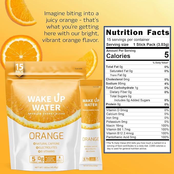 Wake Up Water - Energy + Hydration Sugar Free 15 Packs, Orange Flavor - Energy Drink Powder, Electrolytes Powder Drink, Natural Caffeine Mix Packet, B Vitamins, 5 Calories, Gluten Free - 1.60 oz (45.45g)
