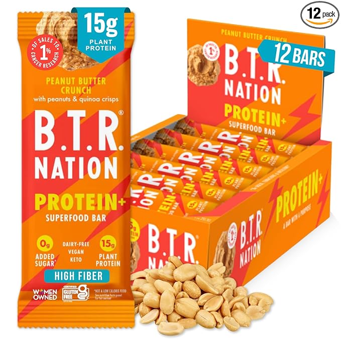 Vegan Keto Plant Based Protein & Fiber Bars by B.T.R. - Low Carb & GF | 12 Bars | Free of Sugar Alcohols, Dairy, Soy and Boosted with Powerful Superfoods! (Peanut Butter Crunch Protein+)