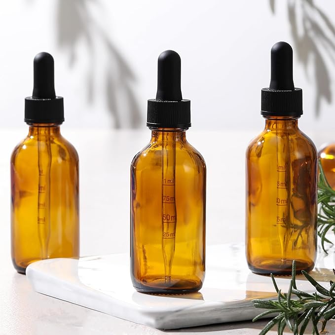 4 Pack 1 oz Glass Dropper Bottles with Measured Dropper - 30ml Dark Amber Tincture Bottles with Graduated Calibrated Glass Eye Droppers (1ml) for Essential Oils, Liquids - Leakproof Travel Bottles
