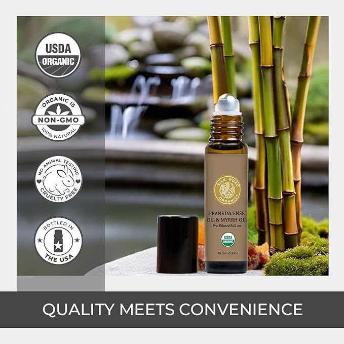 Organic Frankincense Oil & Myrrh Essential Oil Roll On, 100% Pure USDA Certified Aromatherapy for Body Aches, Stiffness & Tingling, Stress Relief, & Skin - 10 ml Roller by Silk Road Organic