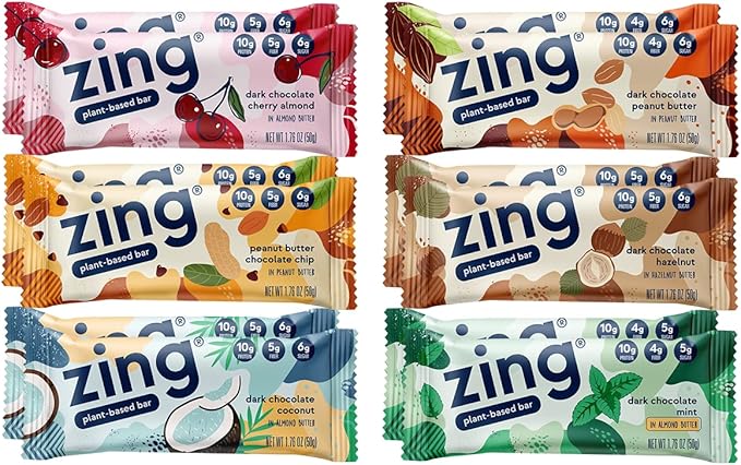 Zing Vegan Protein Bars Variety Pack - Top 6 Flavors, Gluten Free Nutrition Bars, High Protein & Fiber, Soy Free, Dairy Free Plant Based Protein, Kosher, Low Sugar, No Sugar Alcohols - 12 count