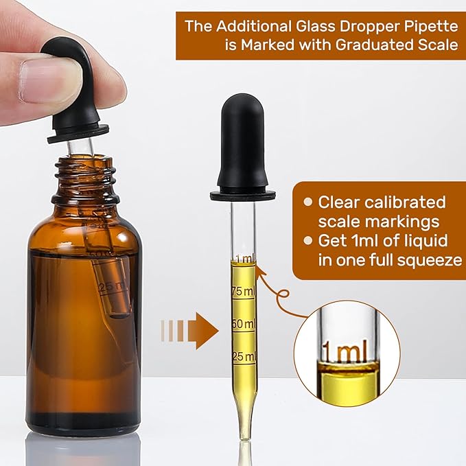 4 Pack, 1 oz Amber Glass Dropper Bottles Plus 2pcs Graduated Calibrated Glass Pipettes (1ml)- 30ml Dark Brown Tincture Bottles with Eye Droppers for Essential Oils, Liquids - Leakproof Travel Bottles