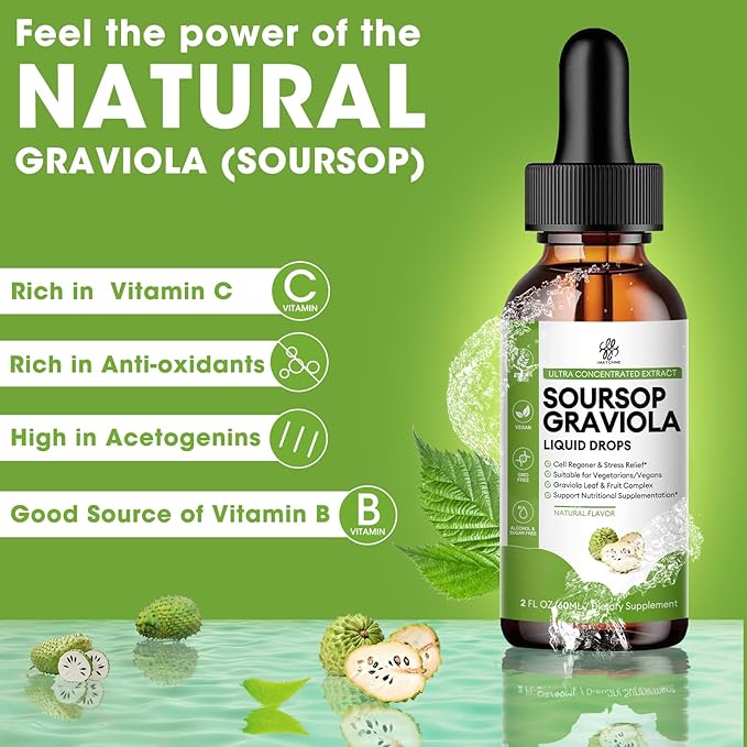 Soursop Graviola Liquid Drop for Cell Support & Regeneration, Immune System and Gut Health Support, Soursop Bitters Liquid, Herbal Goodness, Sugar/Gluten Free, Natural Flavor, 2 Fl Oz