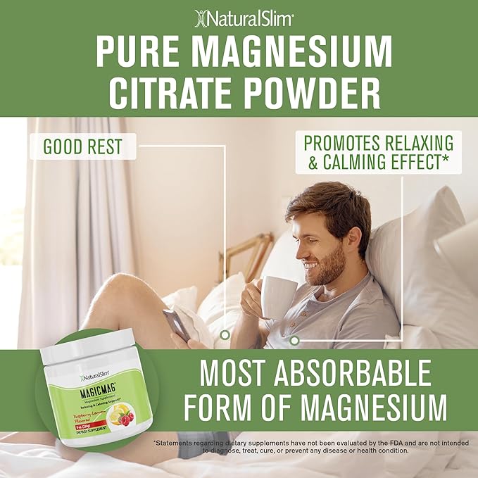 NaturalSlim Magicmag Pure Magnesium Citrate Powder Stress, Constipation, Muscle, Heart Health, and Sleep Support | Raspberry Lemon Magnesium Supplement - 8oz Drink Mix (2 Pack)