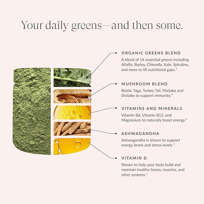 Beam Greens Powder, Greens Superfood Powder, Greens Supplement for Gut Health, Vegan, Non GMO Organic Greens Blend, Daily Greens with Ashwagandha, Vitamin C, B12, B6, D, Strawberry Kiwi, 30 Servings