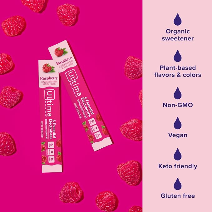 Ultima Replenisher Daily Electrolyte Powder Drink Mix – Raspberry, 20 Stickpacks – Hydration Packets with 6 Key Electrolytes and Trace Minerals – Keto Friendly, Vegan, Non-GMO and Sugar-Free