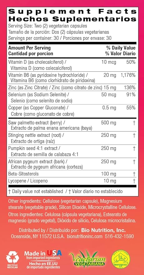 Bio Nutrition Prostate Wellness Support Supplement 60 Vegetarian Capsules | Natural Formula for Men’s Health | Promotes Healthy Prostate Function | Supports Urinary Health & Hormonal Balance