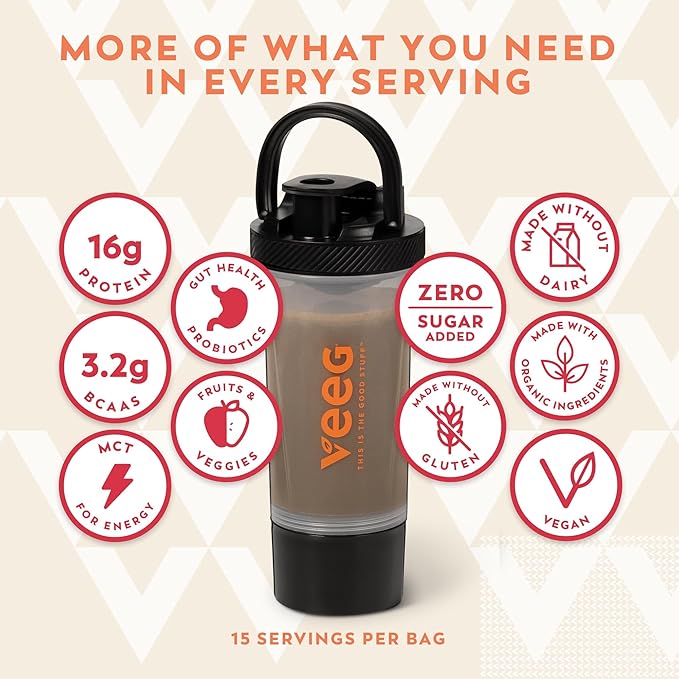 Veeg Meal Replacement Shake, Organic Greens Powder, Superfoods, Nutrients & Multivitamins, MCT Oil, All-in-One Protein Smoothie, Prebiotics & Probiotics, Vegan, Dairy Gluten Free, Sugar Free Chocolate