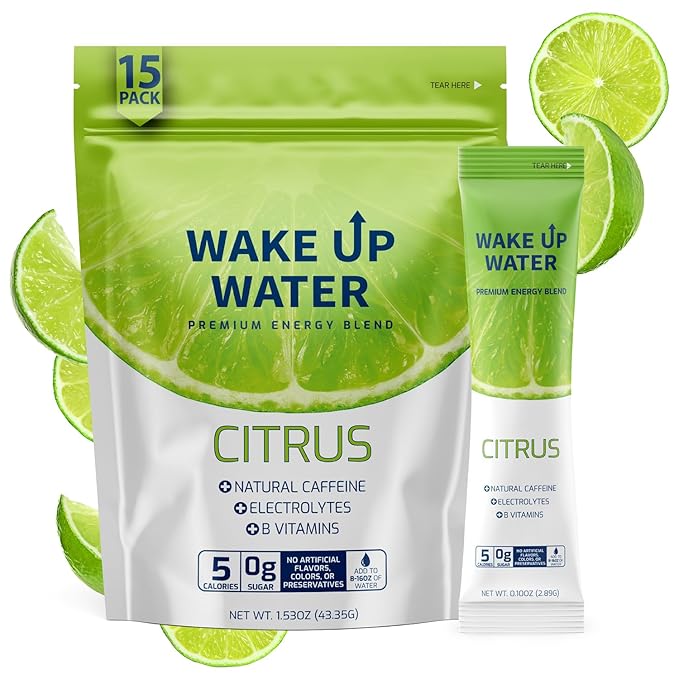 Wake Up Water - Energy + Hydration Sugar Free 15 Packs, Citrus Flavor - Energy Drink Powder, Electrolytes Powder Drink, Natural Caffeine Mix Packet, B Vitamins, 5 Calories, Gluten Free - .10 oz (2.9g)