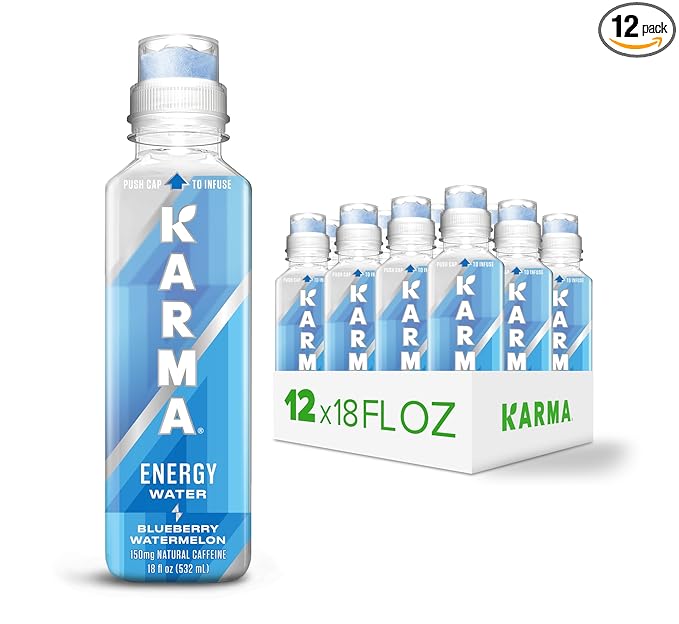 Karma Natural Energy Drink - 12 Pack, Blueberry Watermelon Caffeinated Water - Clean Focus & Energy Boost