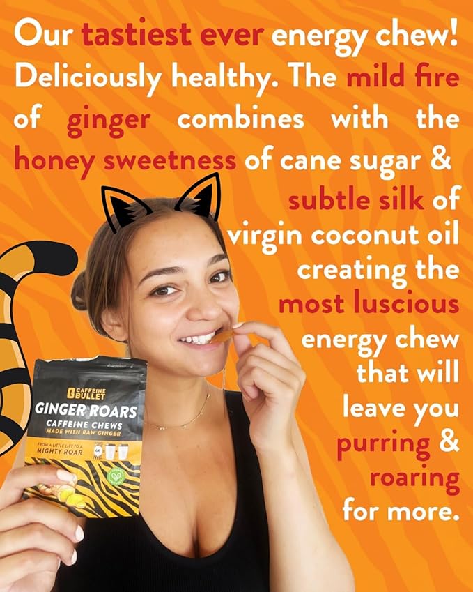 Ginger Roars - Caffeine Chews - 36 Servings Each 33mg with a Delicious Natural Flavour & Fiery hint. Plant Based Energy Shots, a Vegan Healthy Snack for Adults.