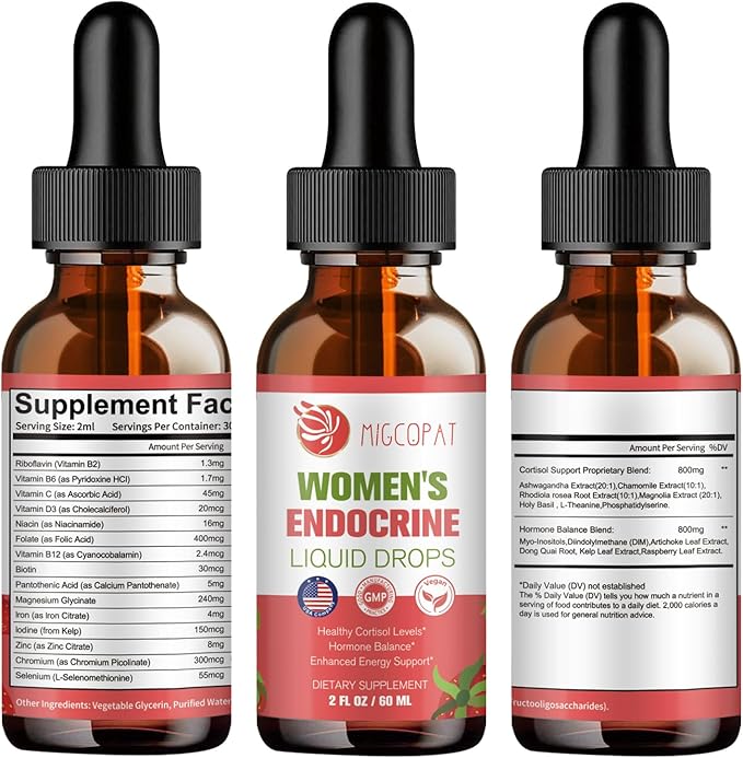 Women Endocrine Superfood Supplement Liquid Drops, Supports Healthy Cortisol Levels, Hormonal Balance, Gut Health, Mood, Sleep Support, Multivitamin+Inositols, Rhodiola, DIM