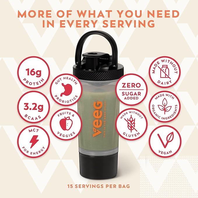 Veeg Meal Replacement Shake, Organic Greens Powder, Superfoods, Nutrients & Multivitamins, MCT Oil, All-in-One Protein Smoothie, Prebiotics & Probiotics, Vegan, Dairy Gluten Free, Sugar Free, Vanilla